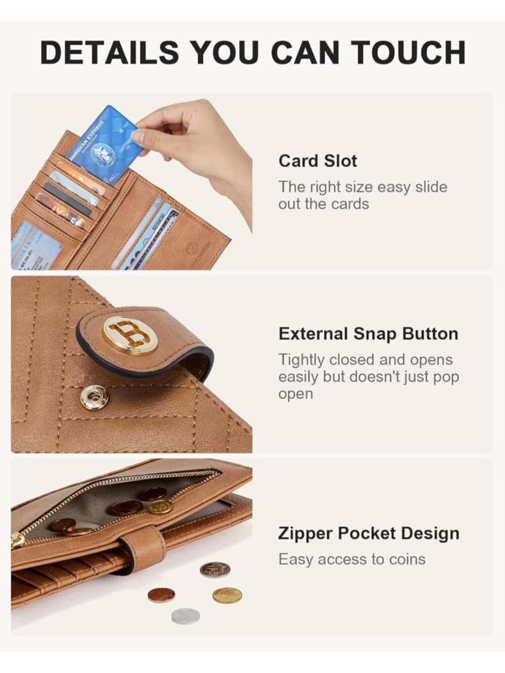 New Leather RFID Blocking Slim Wallet for Women - Bifold Zipper Pocket in Camel - Picture 3 of 6